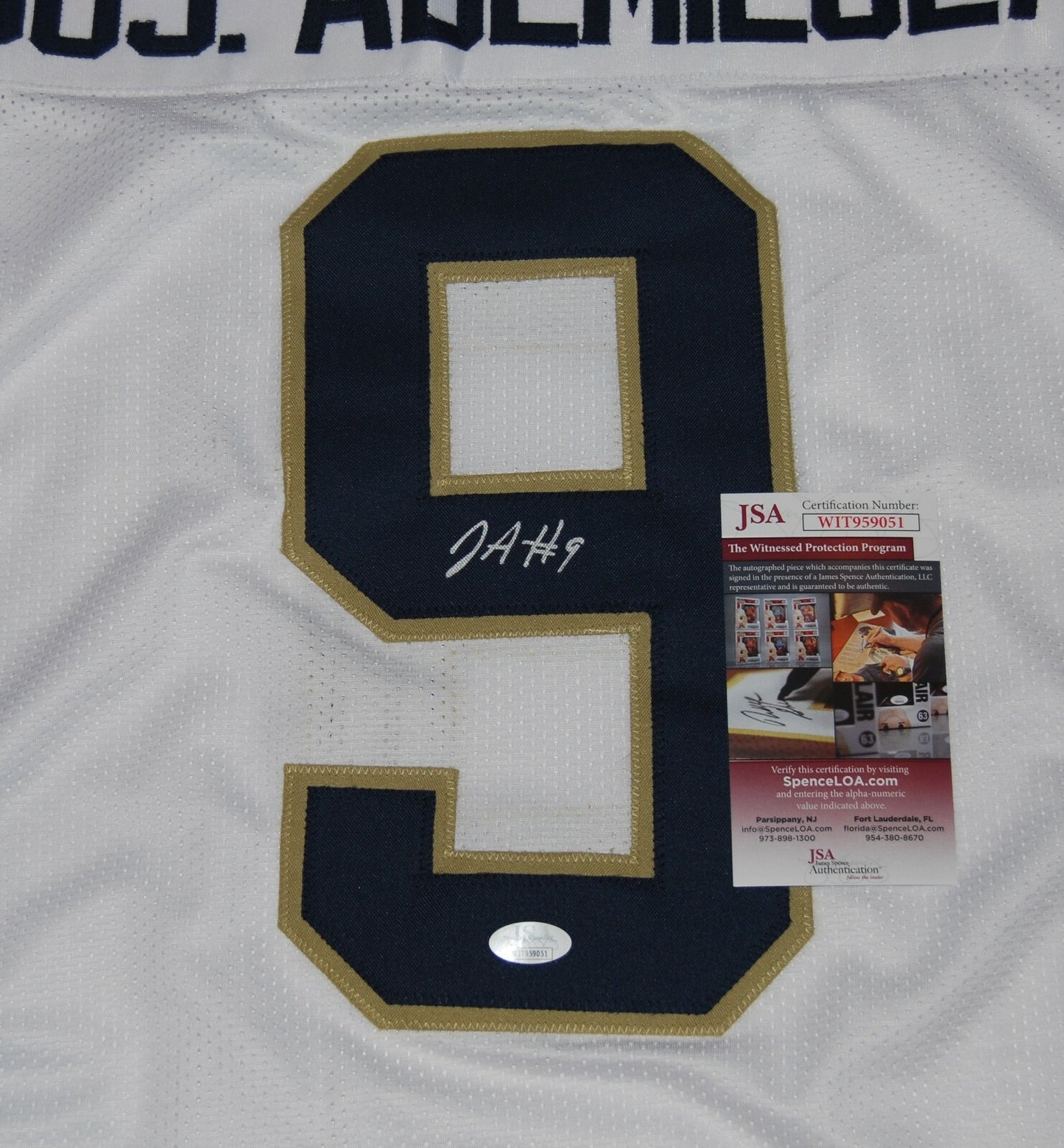 JUSTIN ADEMILOLA signed (NOTRE DAME FIGHTING IRISH) White XL jersey JSA Witness