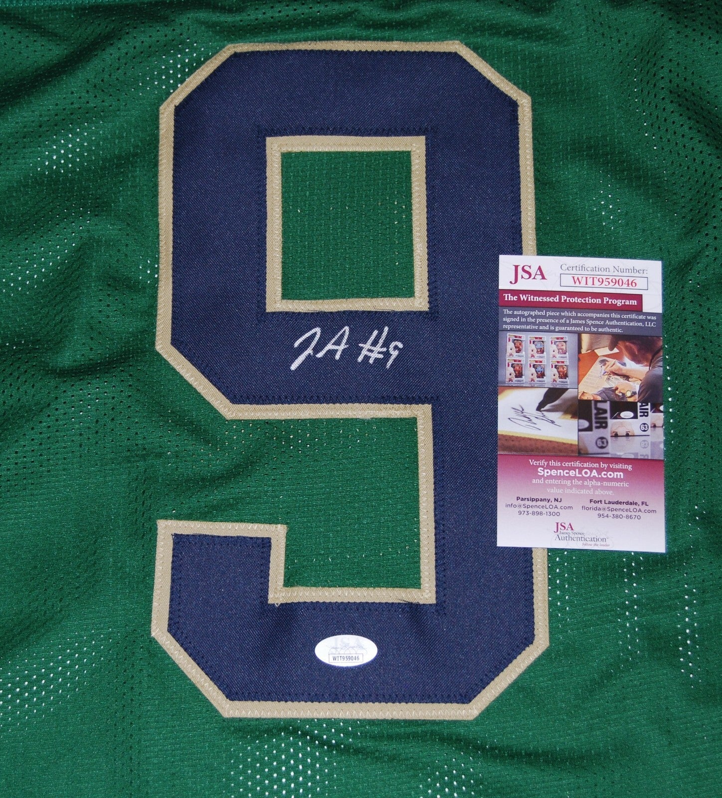 JUSTIN ADEMILOLA signed (NOTRE DAME FIGHTING IRISH) Green XL jersey JSA Witness