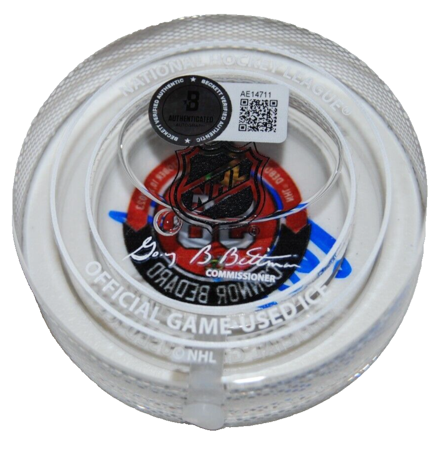 CONNOR BEDARD signed (CHICAGO BLACKHAWKS) Debut Crystal puck BECKETT BAS AE14711