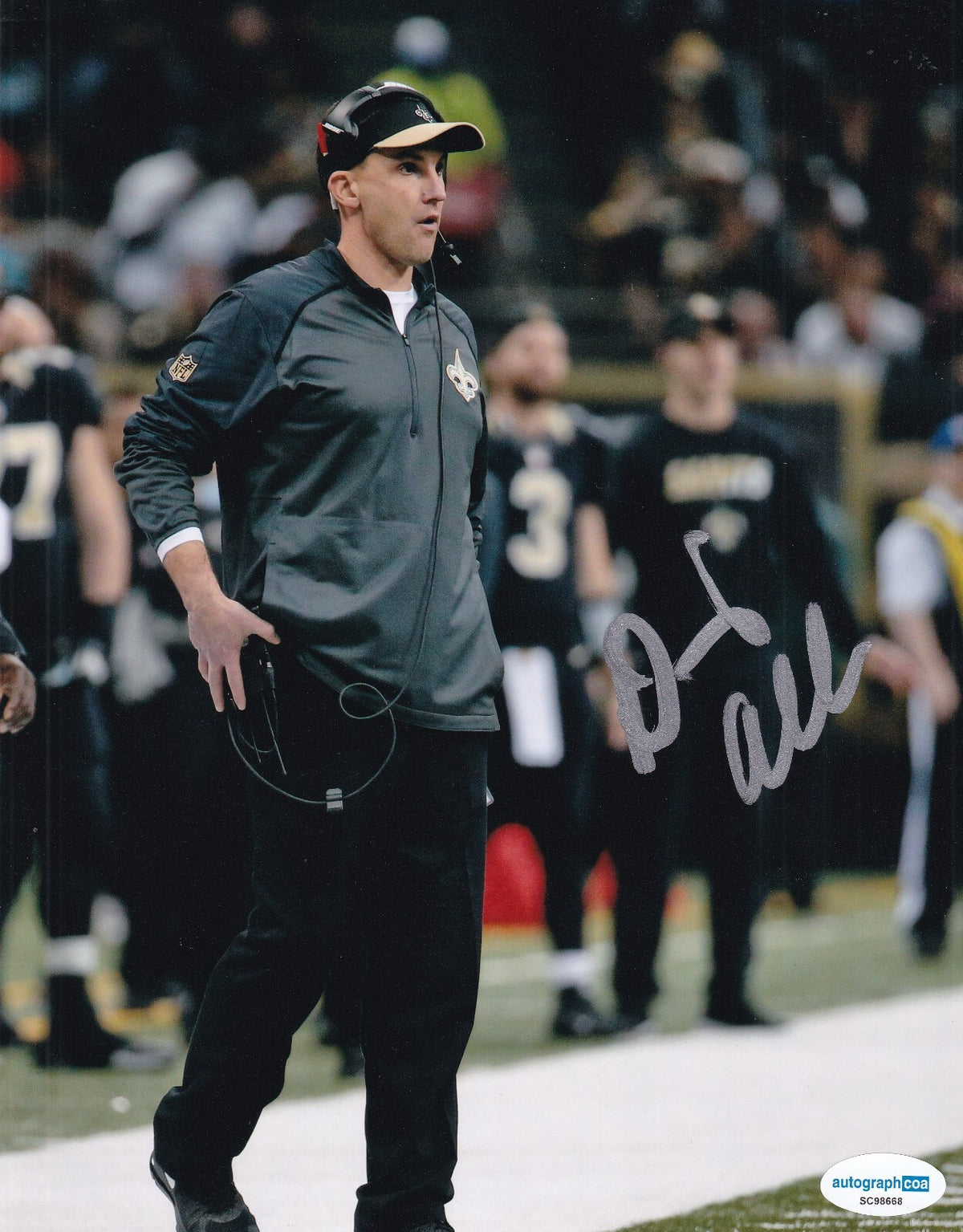 DENNIS ALLEN signed (NEW ORLEANS SAINTS) football 8X10 photo ACOA SC98668