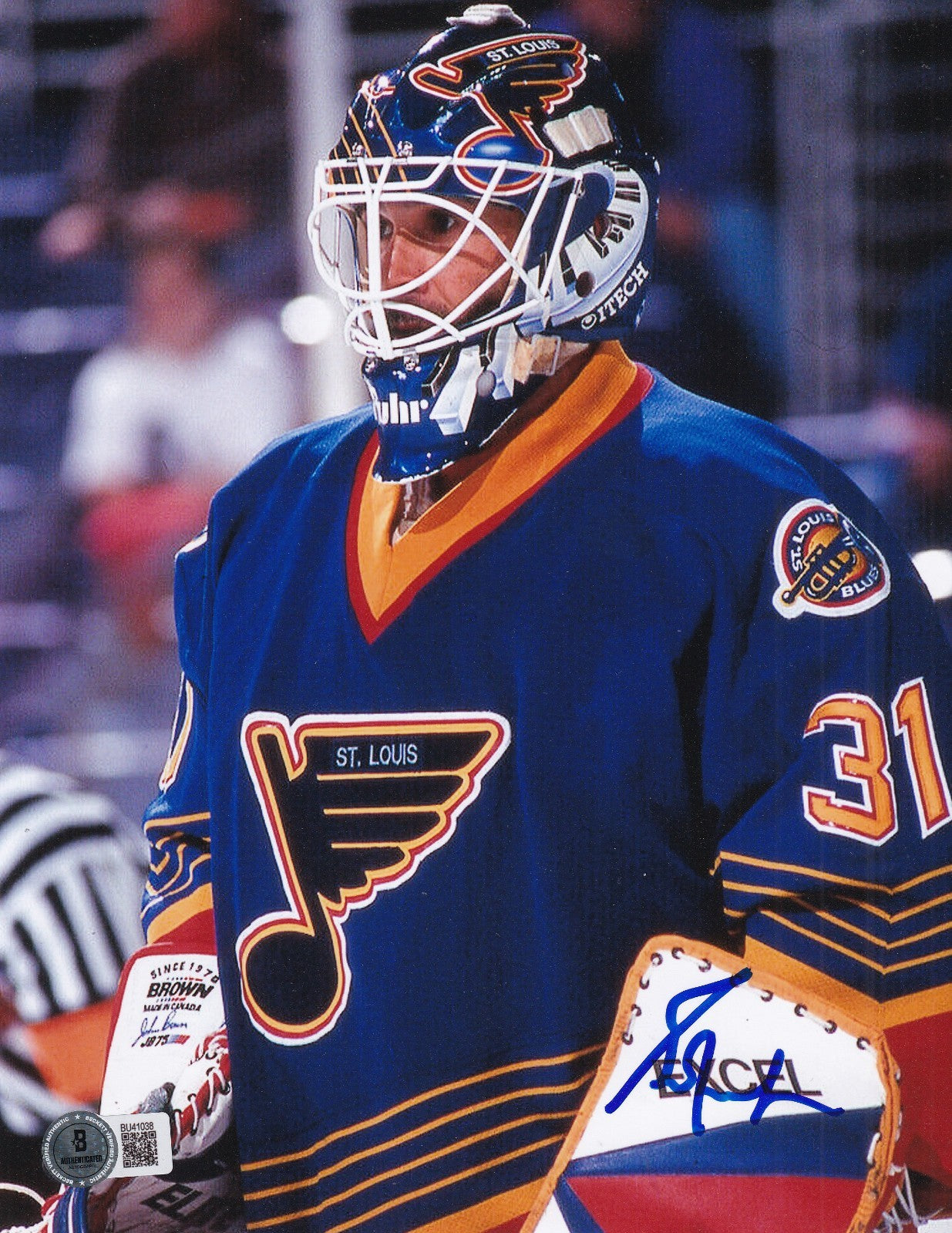 GRANT FUHR signed (ST LOUIS BLUES) Hockey Goalie 8X10 photo BECKETT BAS BU41038
