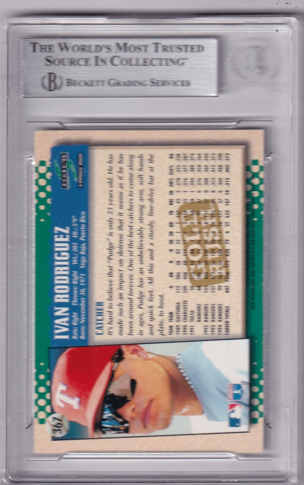 IVAN RODRIGUEZ signed (1995 SCORE) Gold Rush Rangers Baseball card BECKETT BAS