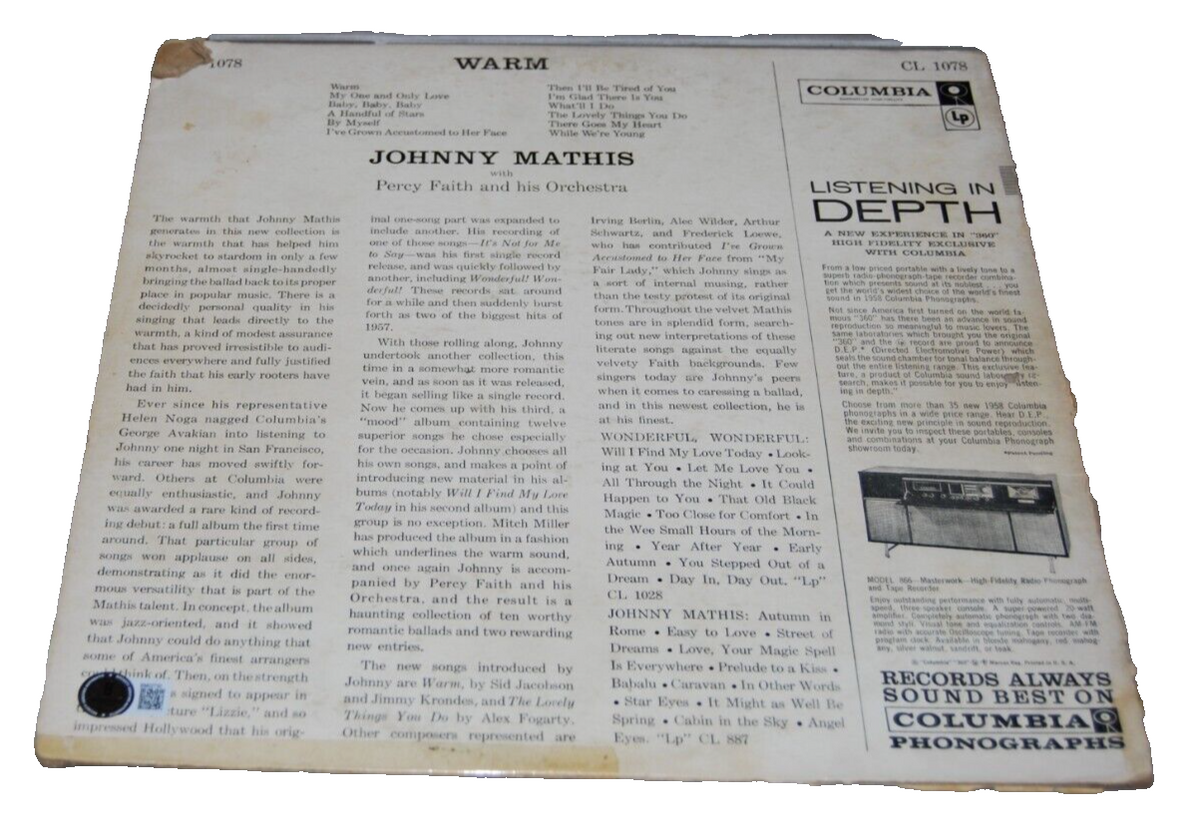 JOHNNY MATHIS signed (WARM PERCY FAITH) Vinyl Album Record BECKETT BAS BM027330