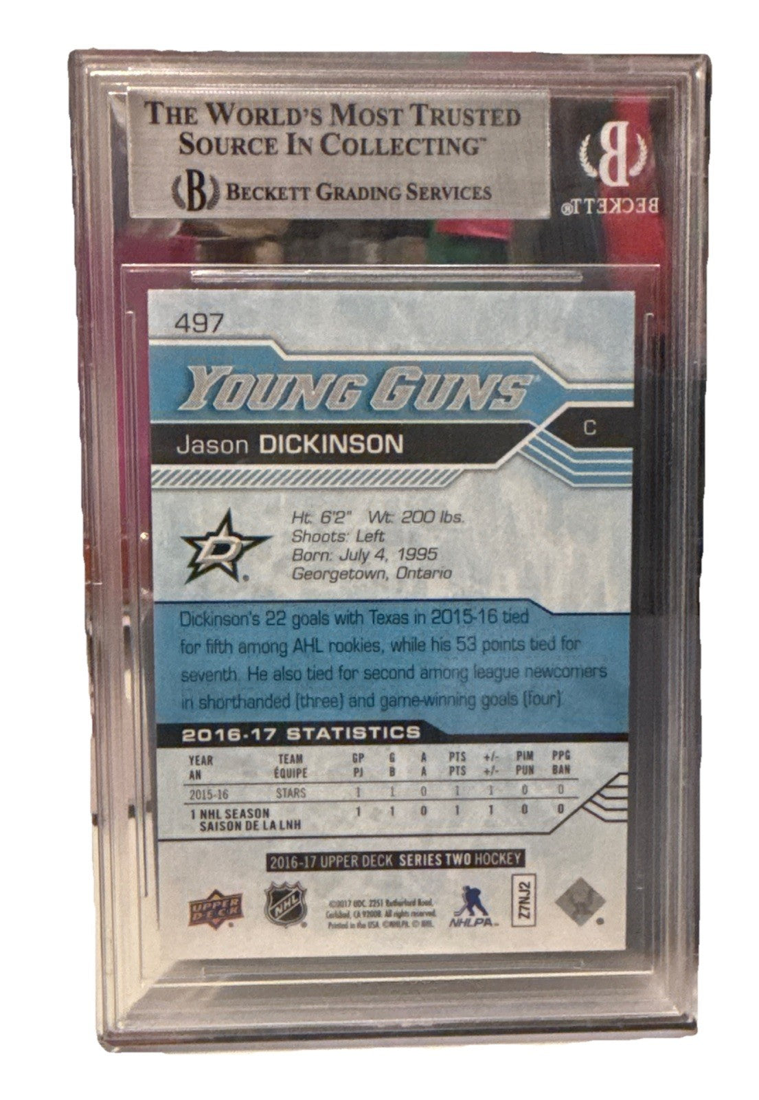 Jason Dickinson signed Stars 16-17 UD Young Guns Card Beckett #497 00019288523