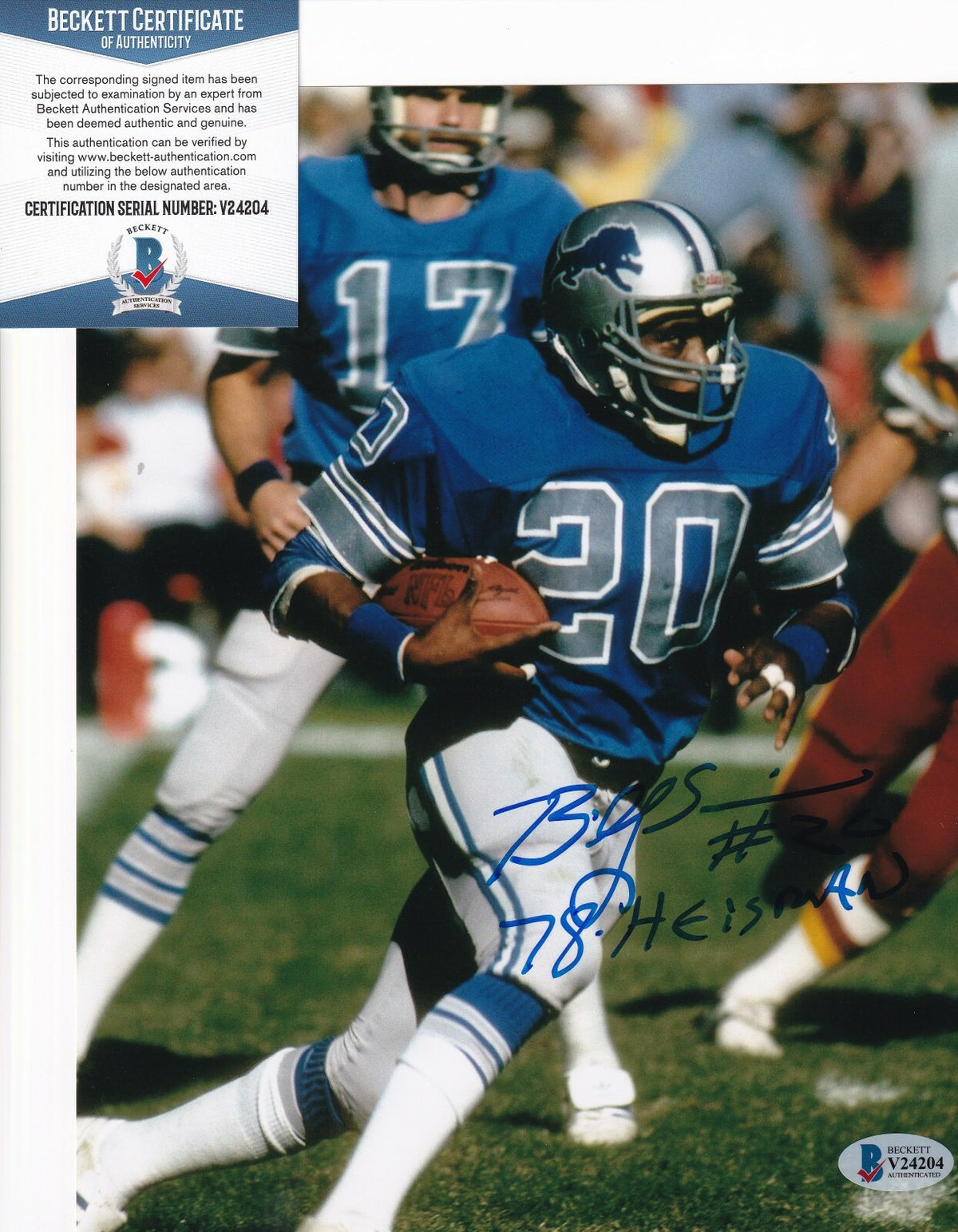 BILLY SIMS signed (DETROIT LIONS) autographed Football 8X10 photo BECKETT V24204