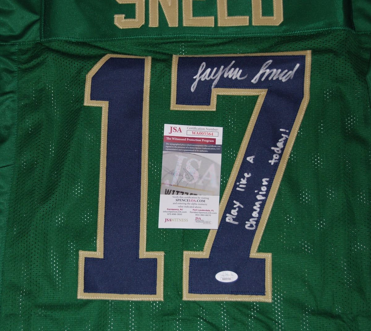 JAYLEN SNEED signed (NOTRE DAME FIGHTING IRISH) PLACT Green XL jersey JSA COA