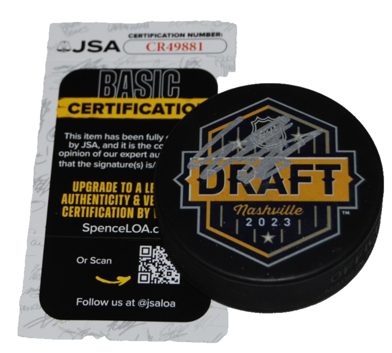 CONNOR BEDARD signed (CHICAGO BLACKHAWKS) 2023 Nashville Draft puck JSA CR49881