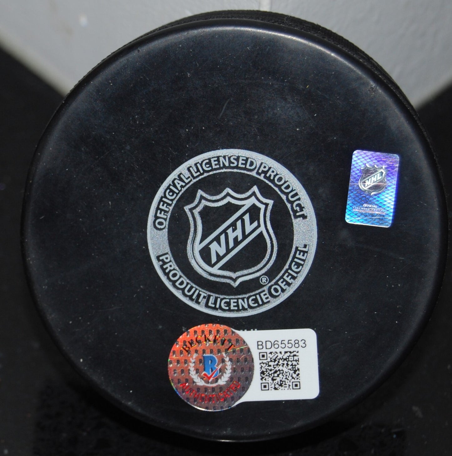 DAVE MANSON signed (EDMONTON OILERS) Hockey logo puck BECKETT BAS BD65583
