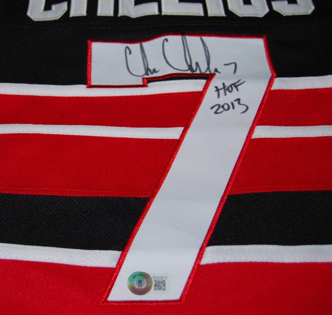 CHRIS CHELIOS signed (CHICAGO BLACKHAWKS) Custom hockey jersey BECKETT BG93615