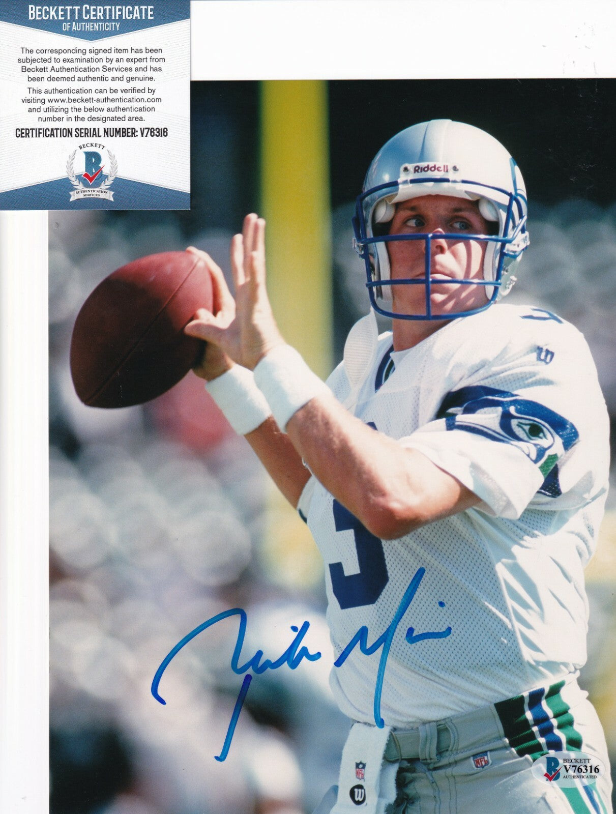 RICK MIRER signed (SEATTLE SEAHAWKS) Football 8X10 photo BECKETT BAS V76316