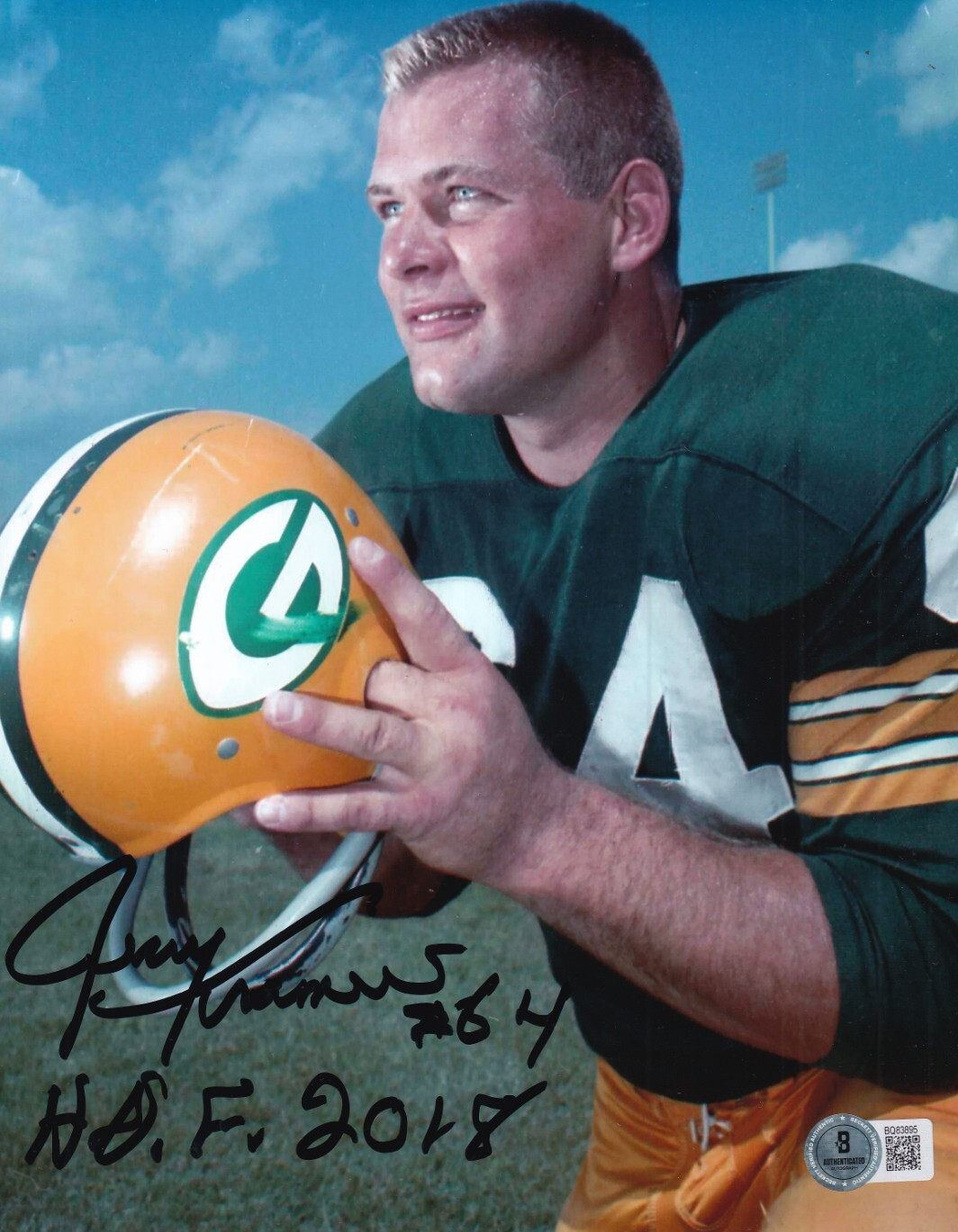 JERRY KRAMER signed (GREEN BAY PACKERS) football 8X10 photo BECKETT BAS BQ83895