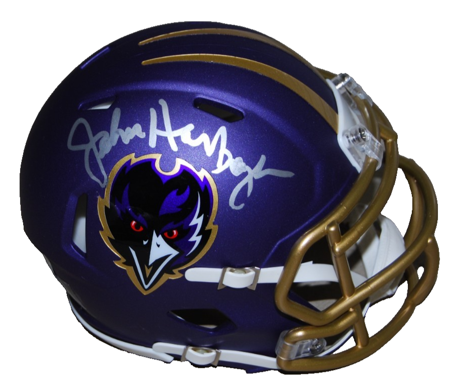 JOHN HARBAUGH signed (BALTIMORE RAVENS) mini football helmet BECKETT BAS BW07880