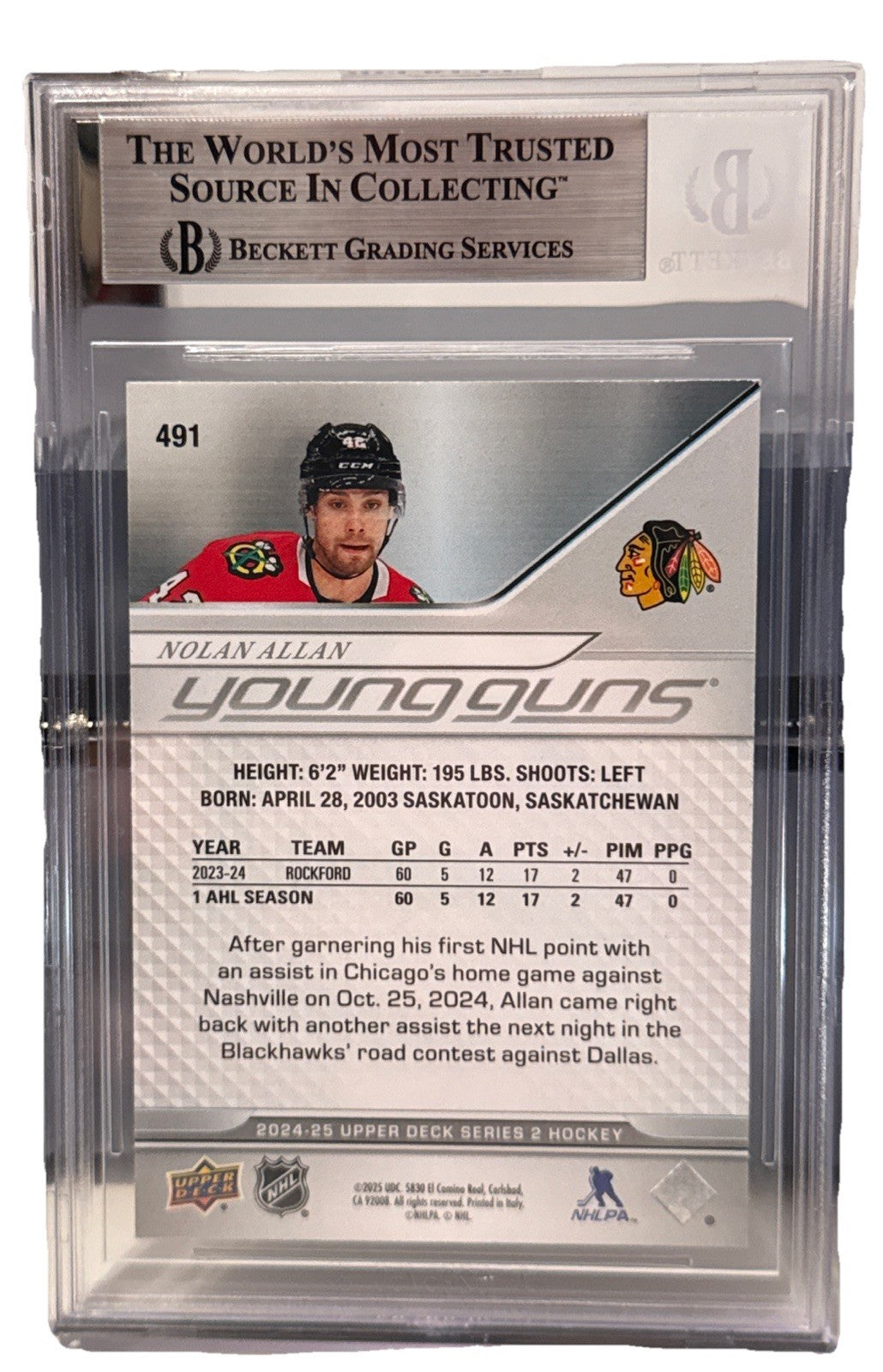 Nolan Allen signed Chicago Blackhawks 2024-25 UD #491 Young Guns RC Beckett