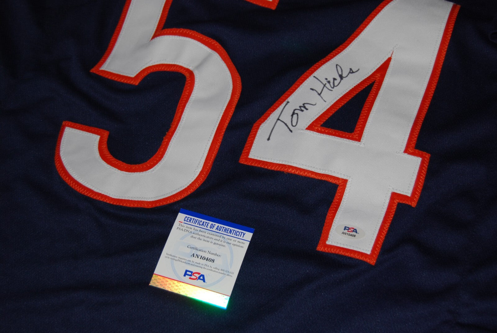 TOM HICKS signed (CHICAGO BEARS) Custom Navy football XL jersey PSA/DNA AN10408