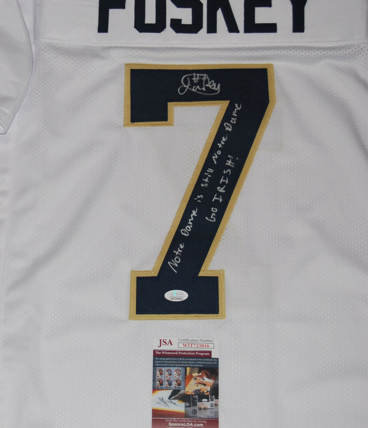ISAIAH FOSKEY signed (NOTRE DAME FIGHTING IRISH) White custom XL jersey JSA 