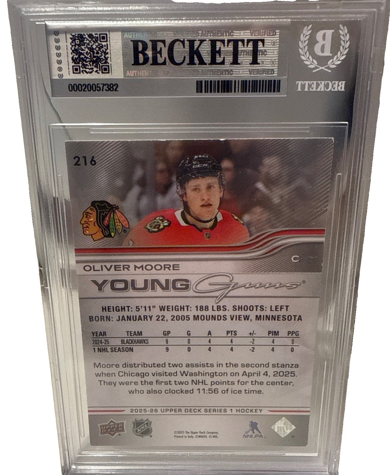 OLIVER MOORE Signed 2025-26 Blackhawks Upper Deck Young Gun RC Card Beckett BAS