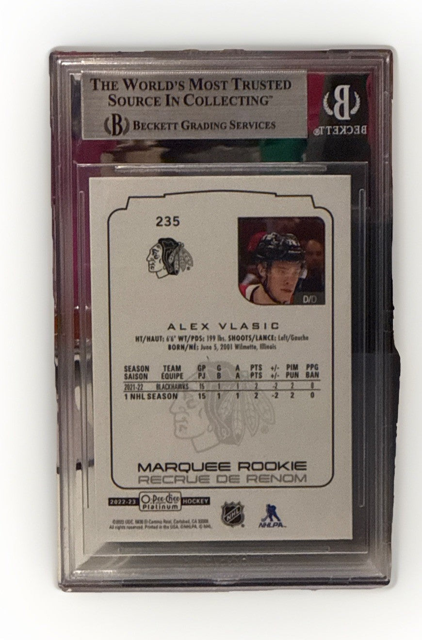 Alex Vlasic signed Blackhawks 22/23 O-Pee-Chee #235 RC Card Beckett 00019288267