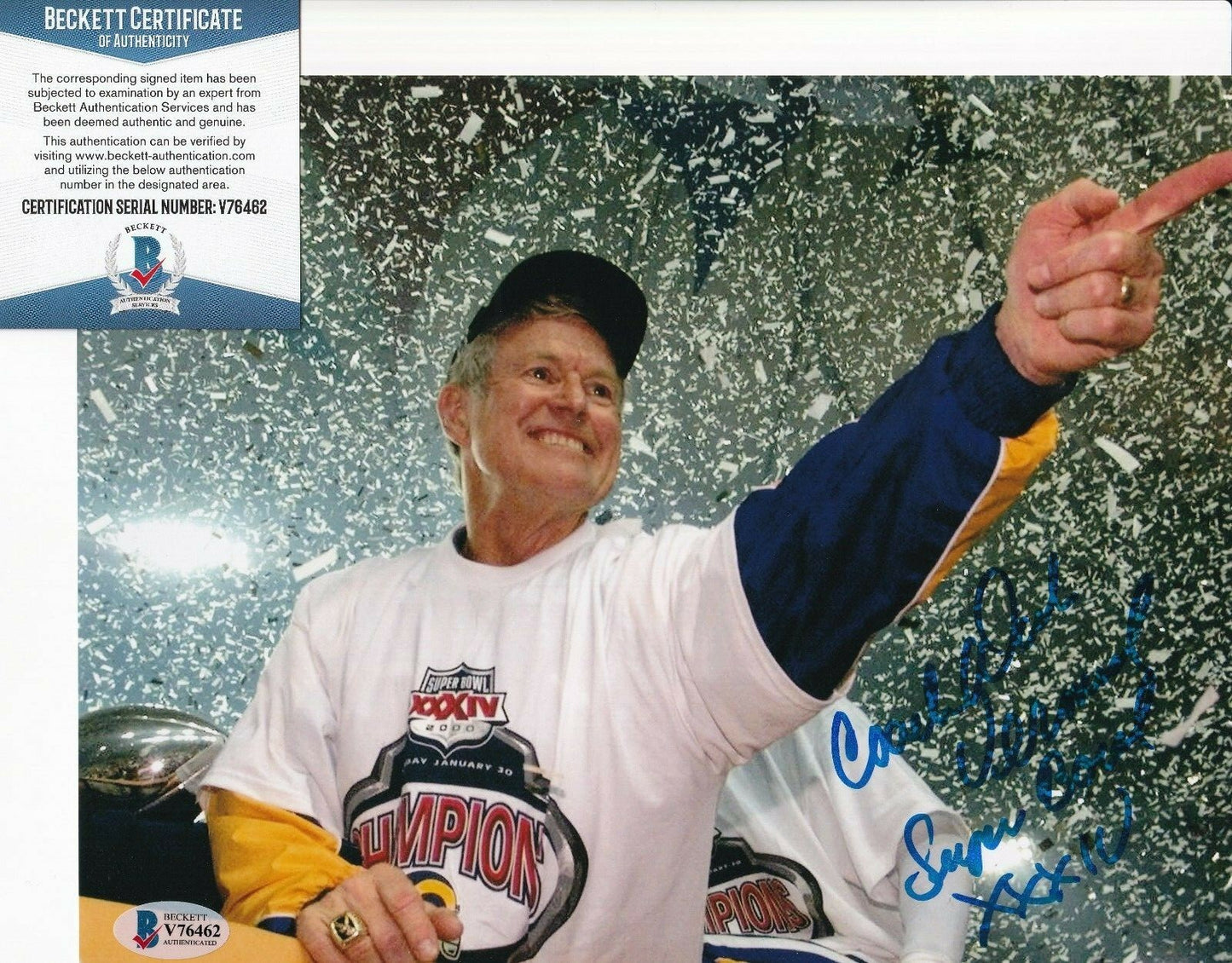 DICK VERMEIL signed (ST LOUIS RAMS) Football 8X10 photo BECKETT BAS V76462