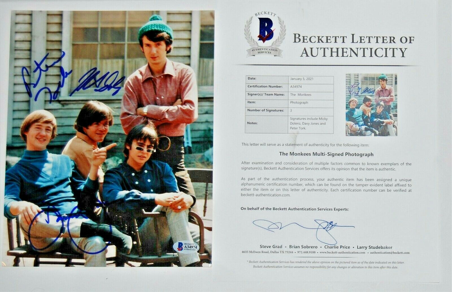 THE MONKEES group signed 8X10 photo by 3 DAVEY JONES, DOLENZ, TORK BECKETT BAS