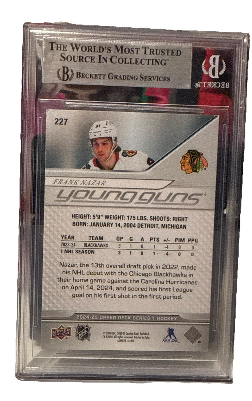 FRANK NAZAR signed 2024-25 Chicago Blackhawks Young Guns #227 card RC Beckett 91