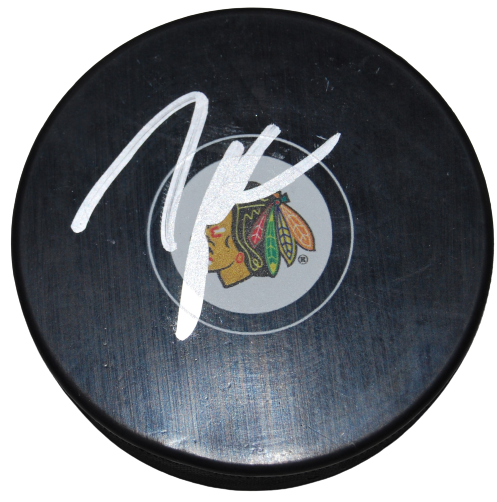 TAYLOR HALL signed (CHICAGO BLACKHAWKS) Hockey logo puck BECKETT BAS AD27390