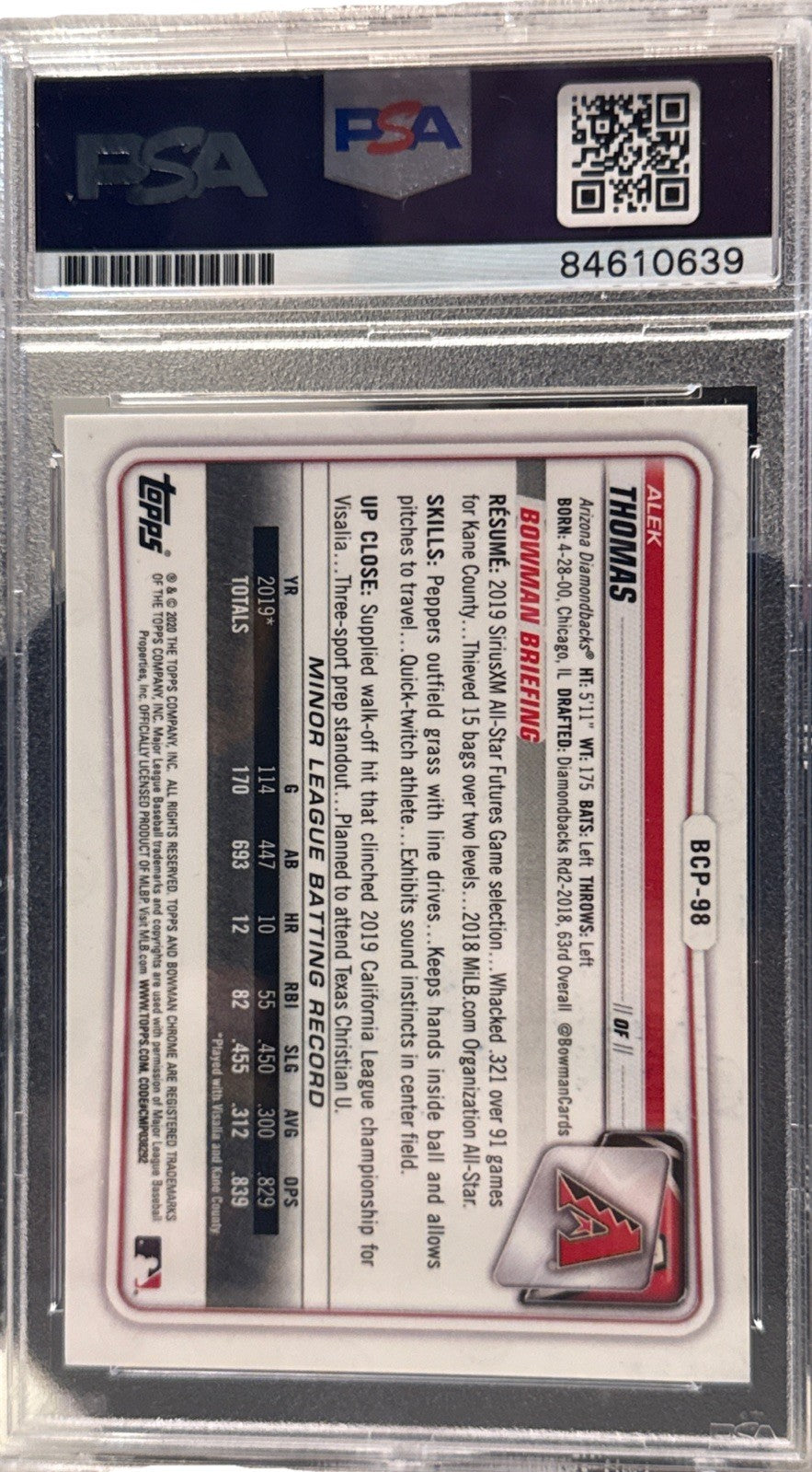 Alek Thomas signed 2020 Bowman Chrome Arizona Diamondbacks Card PSA/DNA 84610639