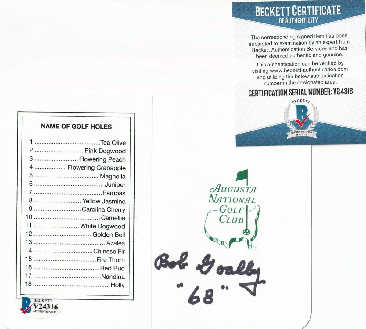 BOB GOALBY signed (AUGUSTA NATIONAL CLUB) Masters Scorecard BECKETT BAS V24316
