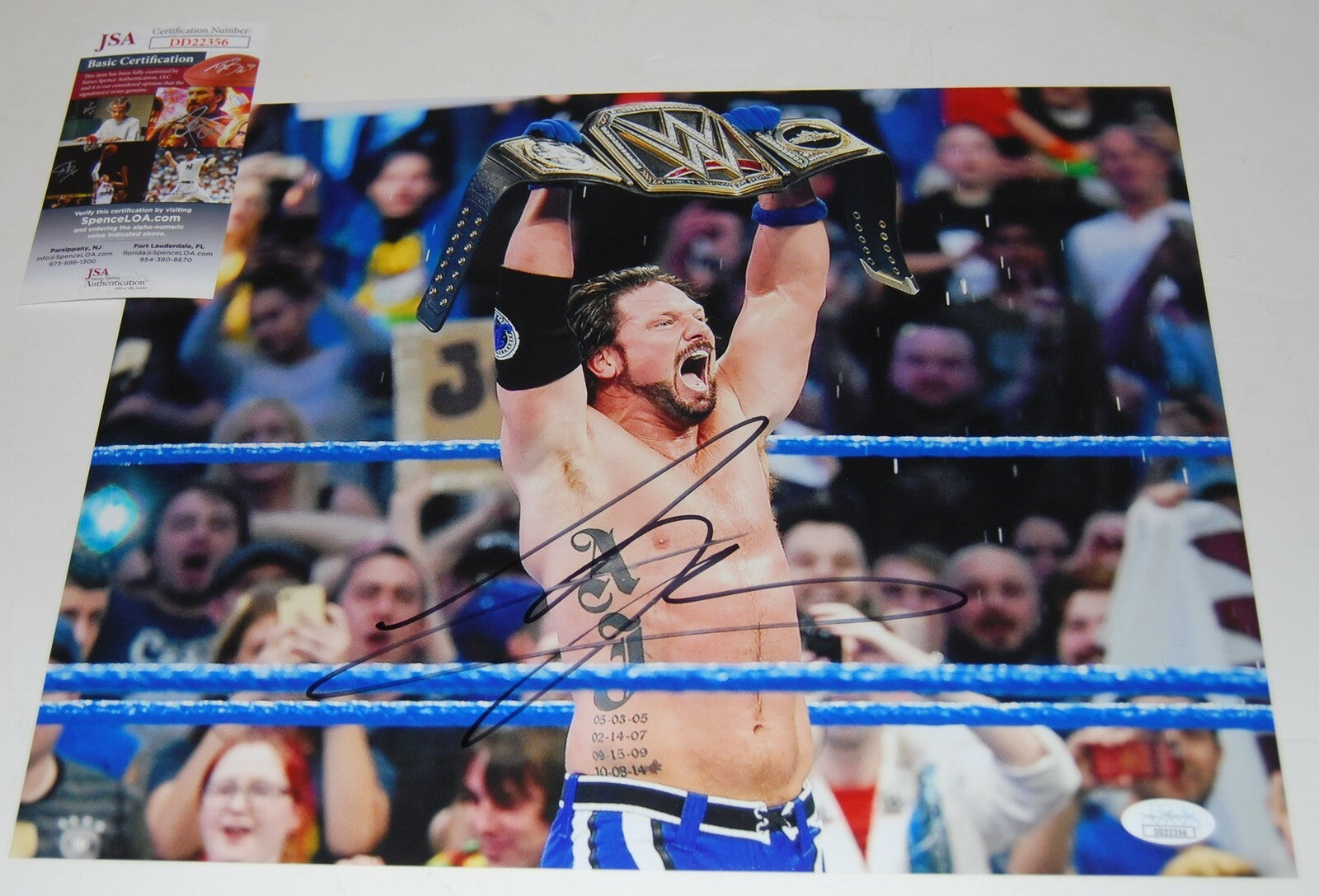 A.J STYLES signed (WWE SMACKDOWN) Wrestling 11X14 photo *WWE CHAMP* WON Hof #1