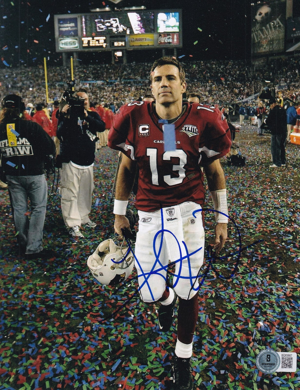KURT WARNER signed (ARIZONA CARDINALS) football 8X10 photo BECKETT BAS BQ83887