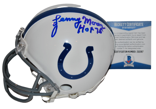 LENNY MOORE signed (BALTIMORE COLTS) white mini football helmet BECKETT BAS 