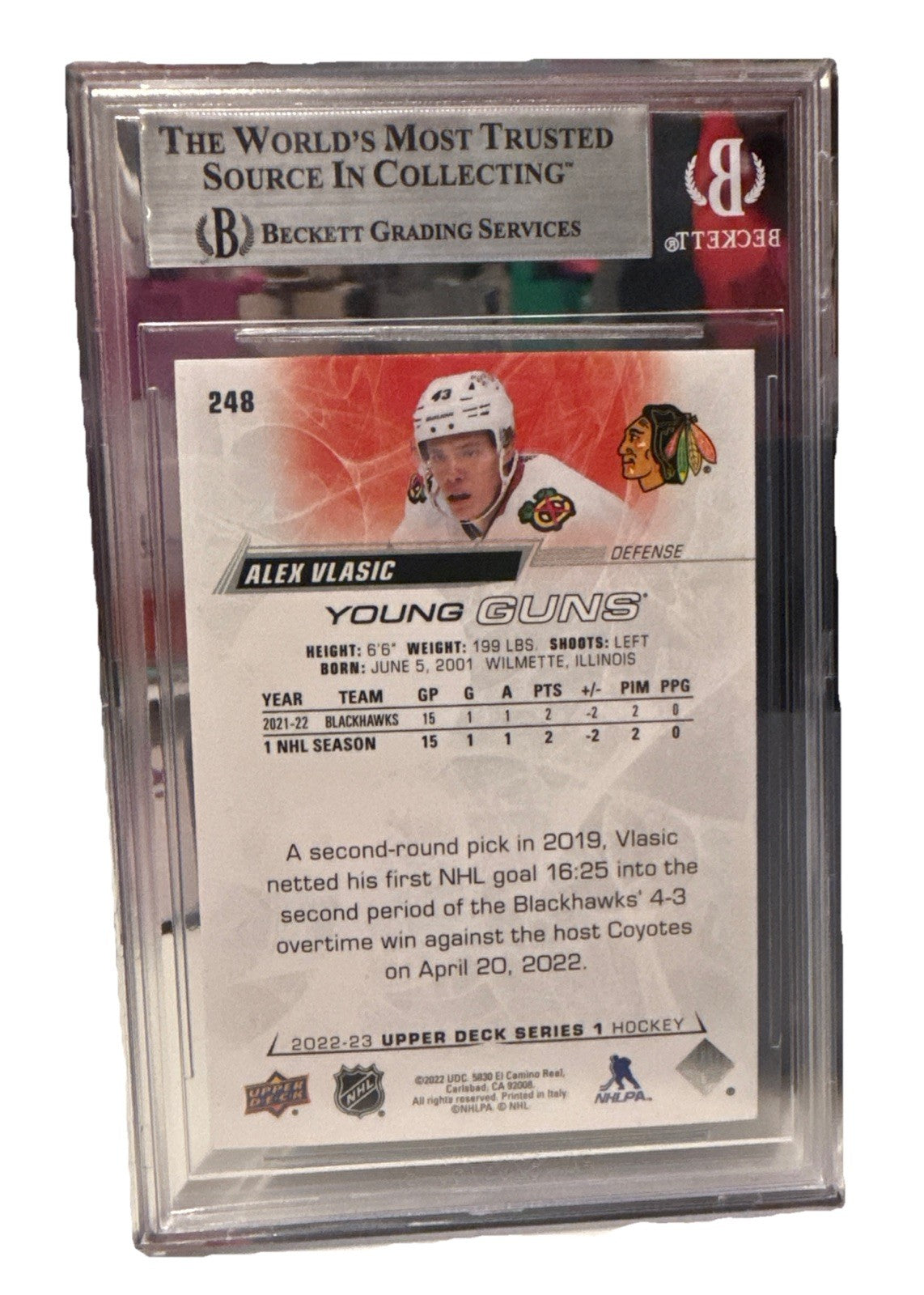 Alex Vlasic signed Blackhawks 22-23 UD Young Guns Card Beckett 248 00019287481