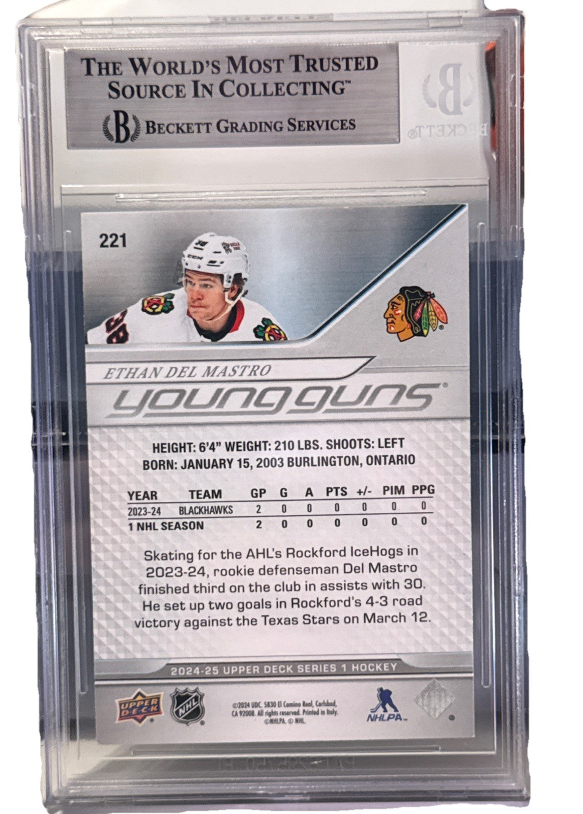 Ethan Del Mastro signed Chicago Blackhawks 2024-25 UD Young Guns RC Beckett