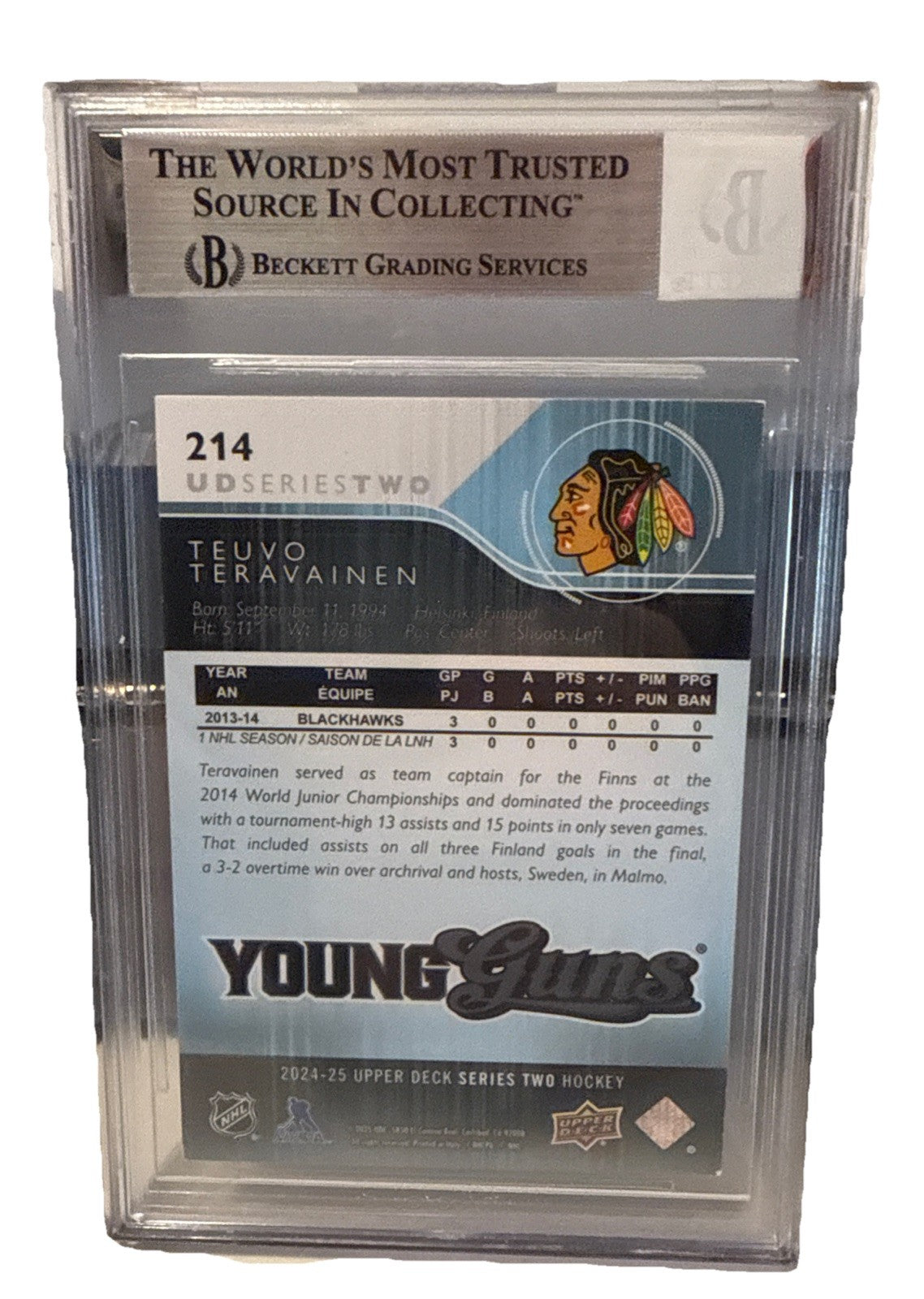 Teuvo Teravainen signed Chicago Blackhawks UD Young Guns #214 card RC Beckett
