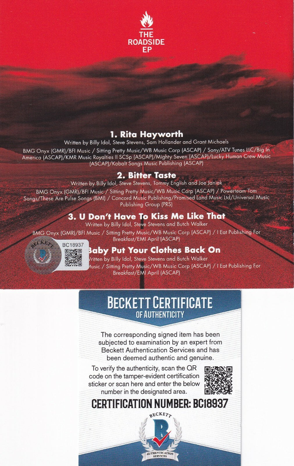BILLY IDOL signed (THE ROADSIDE EP) Brand New CD cover BECKETT BAS BC18937