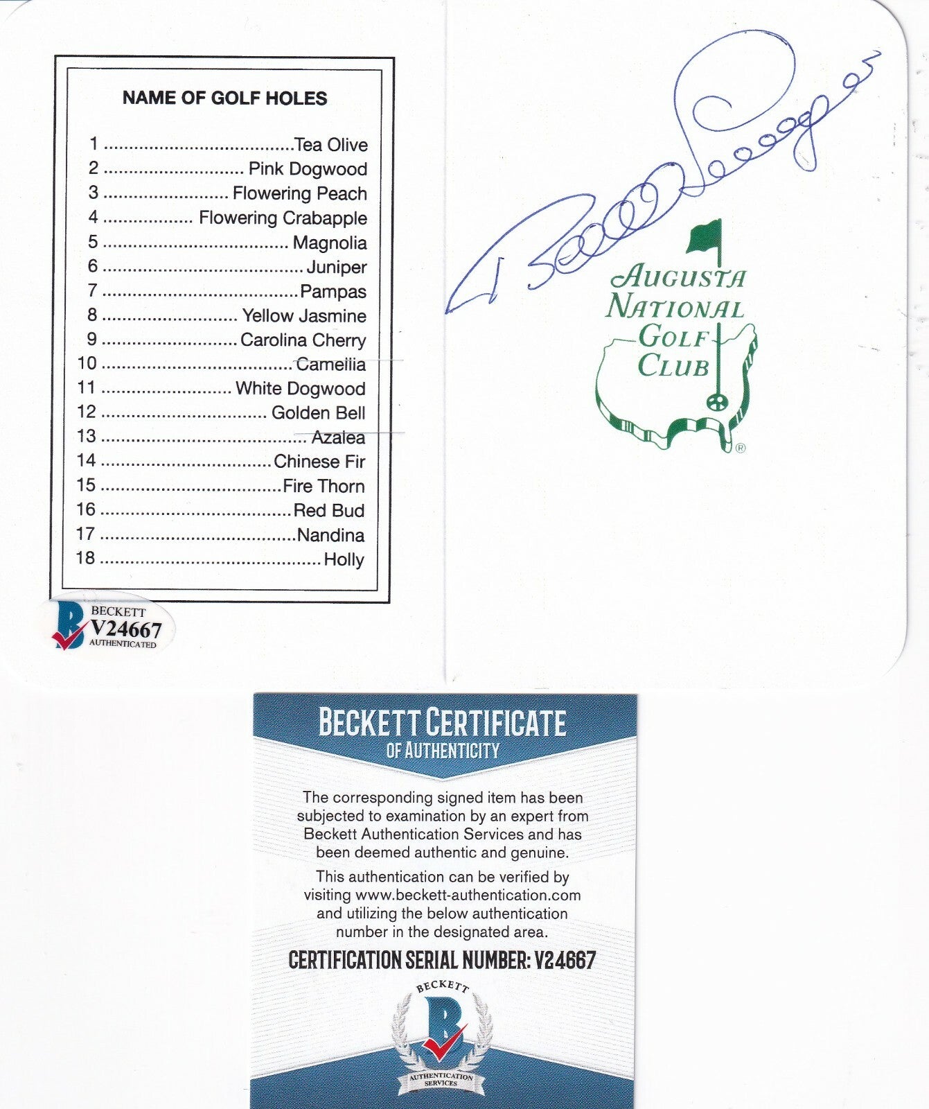 BERNHARD LANGER signed (AUGUSTA NATIONAL CLUB) Masters Scorecard BECKETT V24667