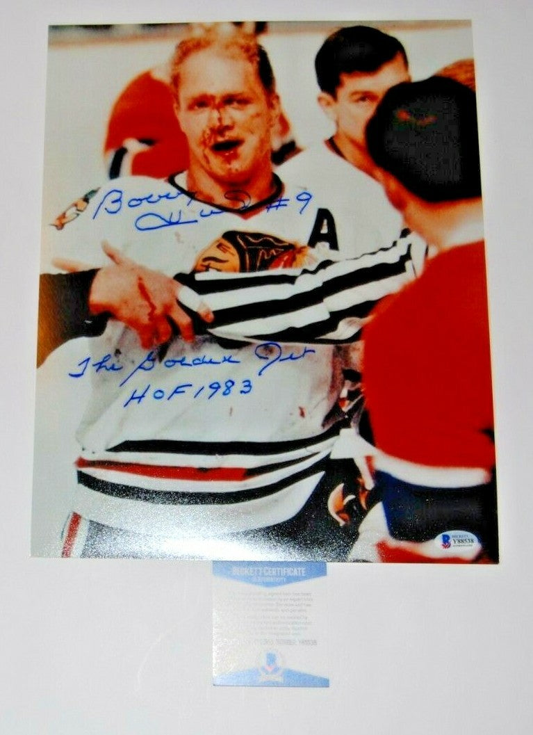 BOBBY HULL signed (CHICAGO BLACKHAWKS) Bloody Hockey 11X14 photo BECKETT BAS #3