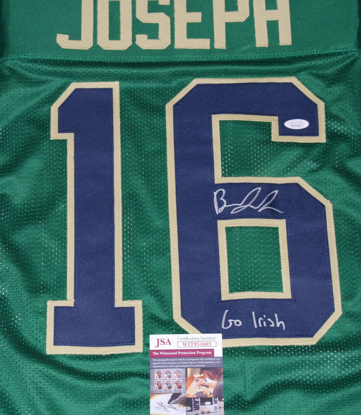 BRANDON JOSEPH signed (NOTRE DAME FIGHTING IRISH) Go Irish! green jersey JSA 