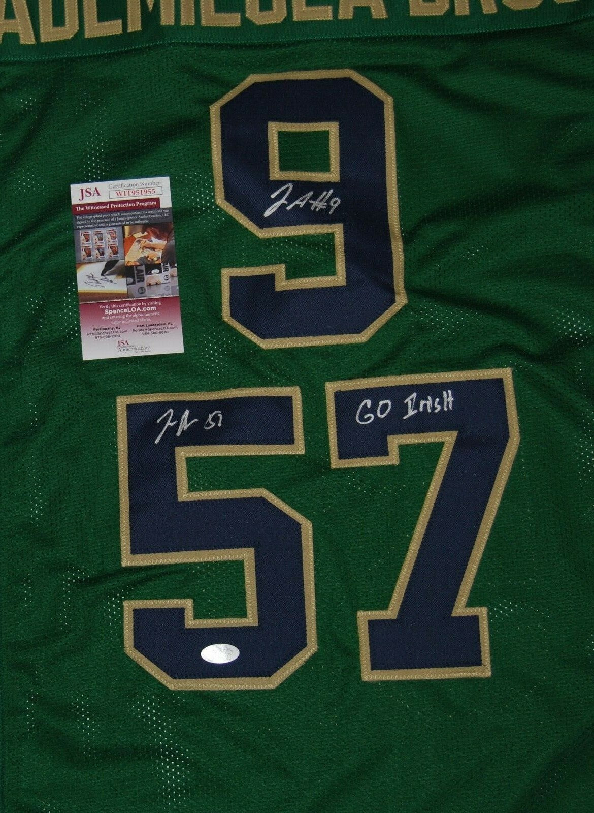 JUSTIN & JAYSON ADEMILOLA signed (NOTRE DAME FIGHTING IRISH) Green XL jersey JSA