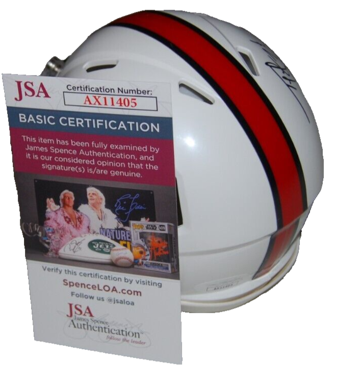 TY LAW signed (HALL OF FAME) Patriots HOF mini football helmet JSA AX11405