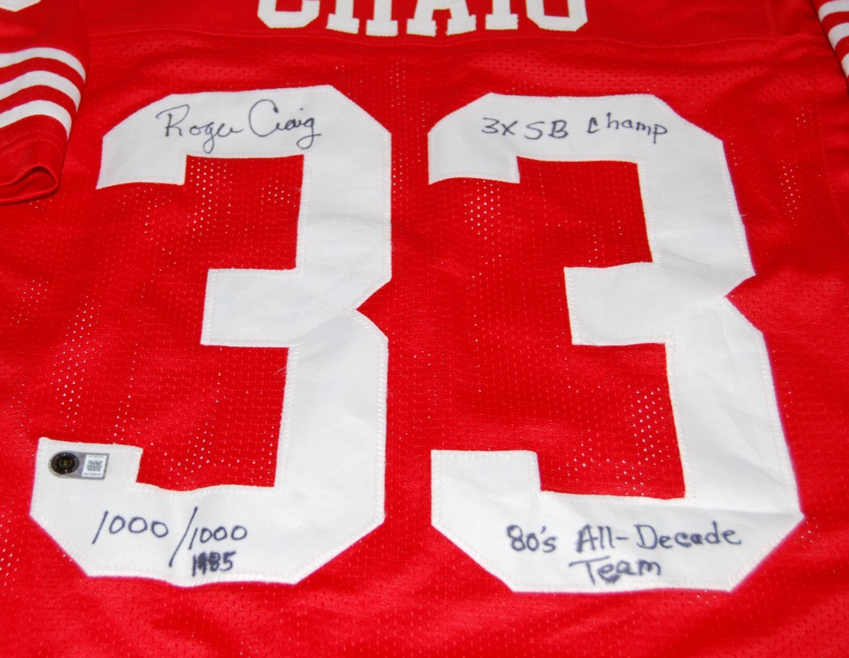 ROGER CRAIG signed (SAN FRANCISCO 49ERS) Red football jersey 3 Inscrips  BECKETT