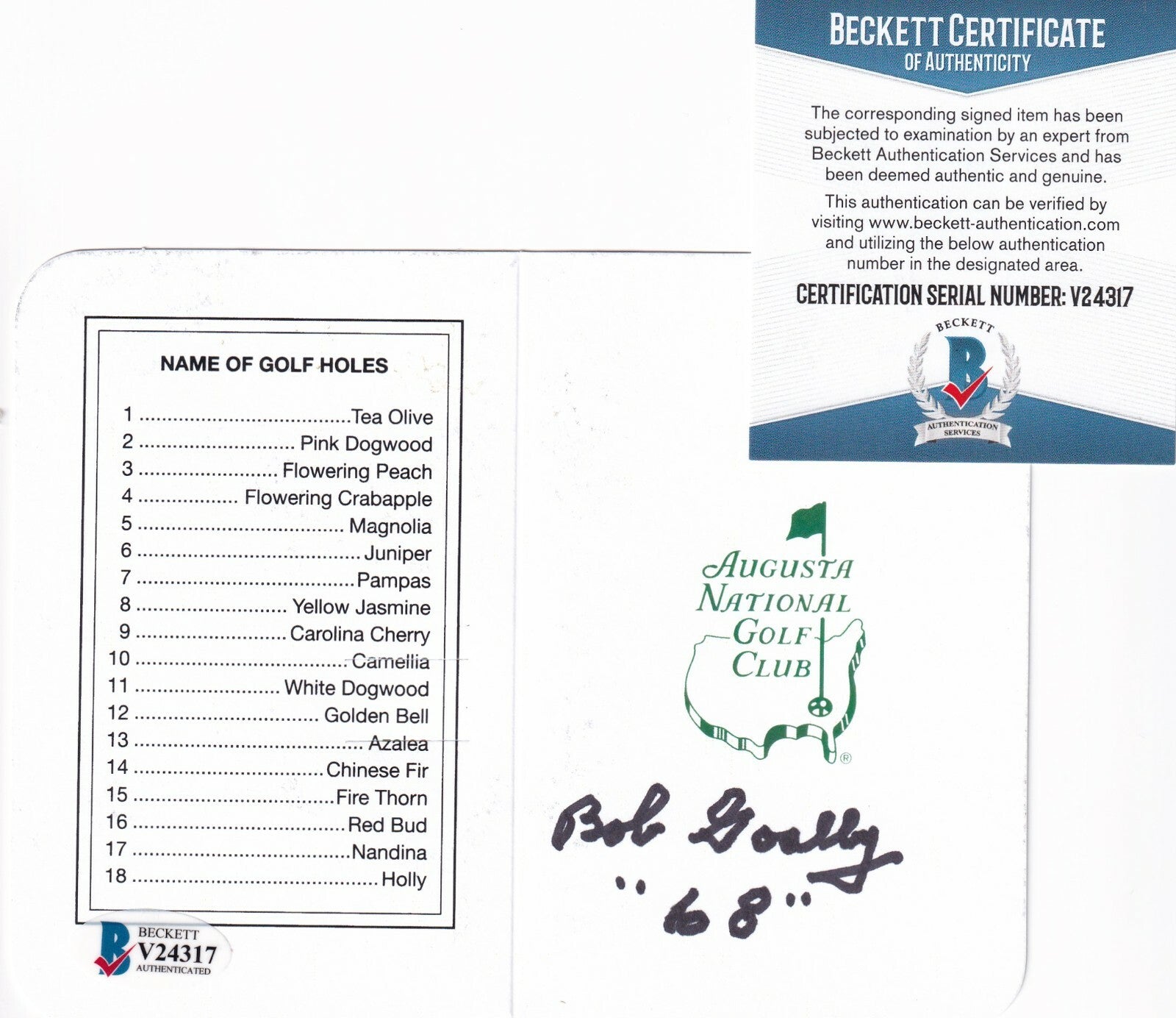 BOB GOALBY signed (AUGUSTA NATIONAL CLUB) Masters Scorecard BECKETT BAS V24317