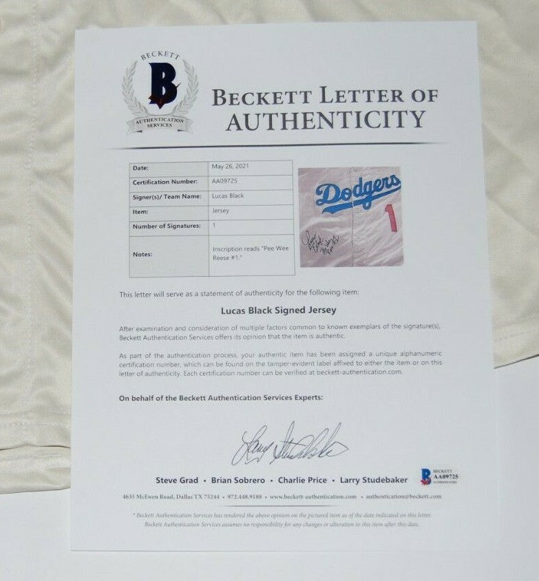 LUCAS BLACK signed (BROOKLYN DODGERS) 42 Custom PEE WEE REESE jersey BECKETT BAS