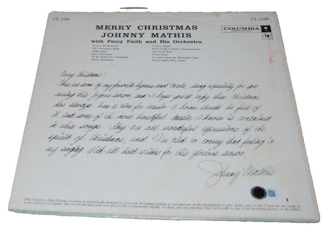 JOHNNY MATHIS signed (MERRY CHRISTMAS) Vinyl Album Record BECKETT BAS BM027331