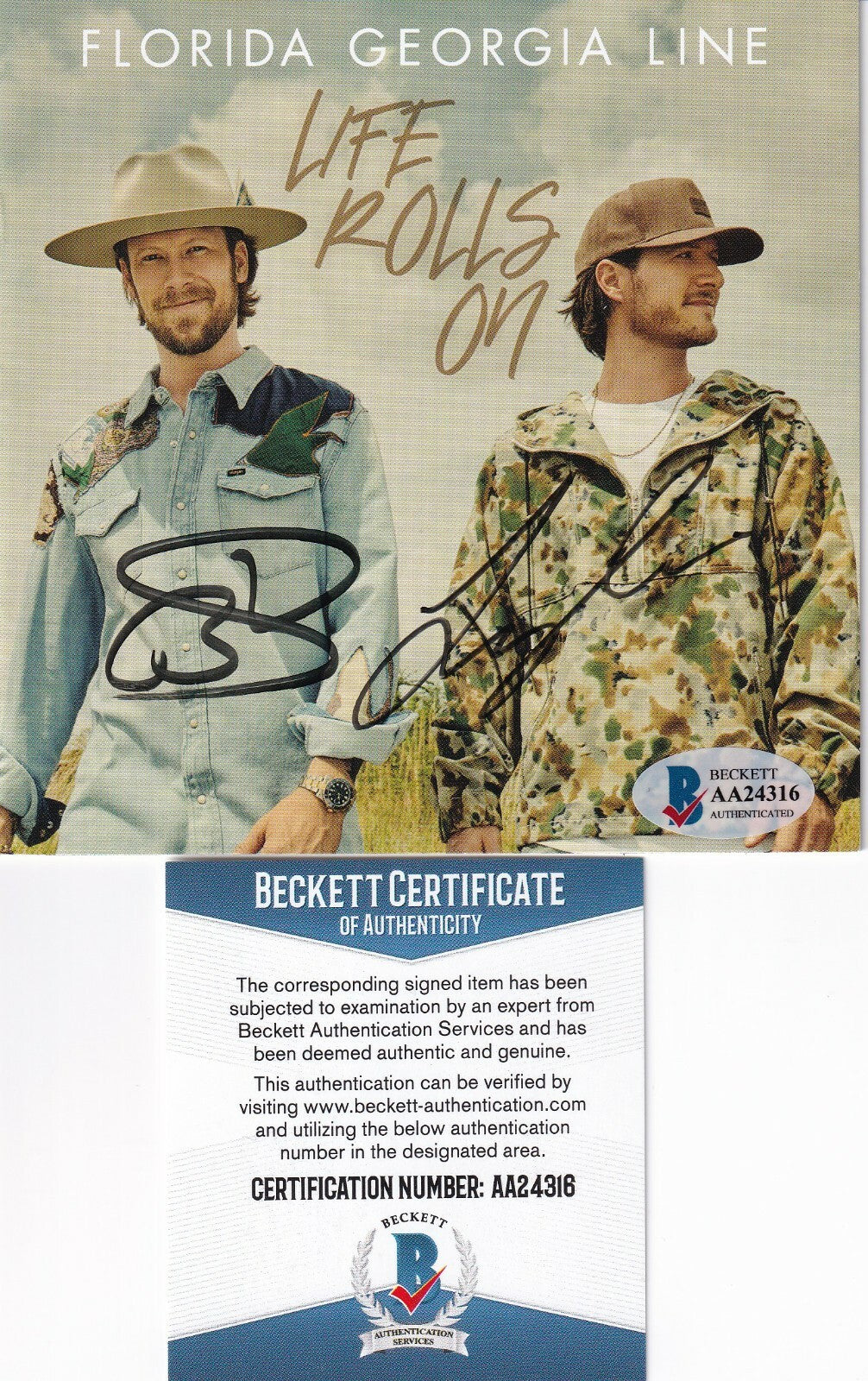 FLORIDA GEORGIA LINE signed (LIFE ROLLS ON) CD cover W/CD BECKETT BAS AA24316