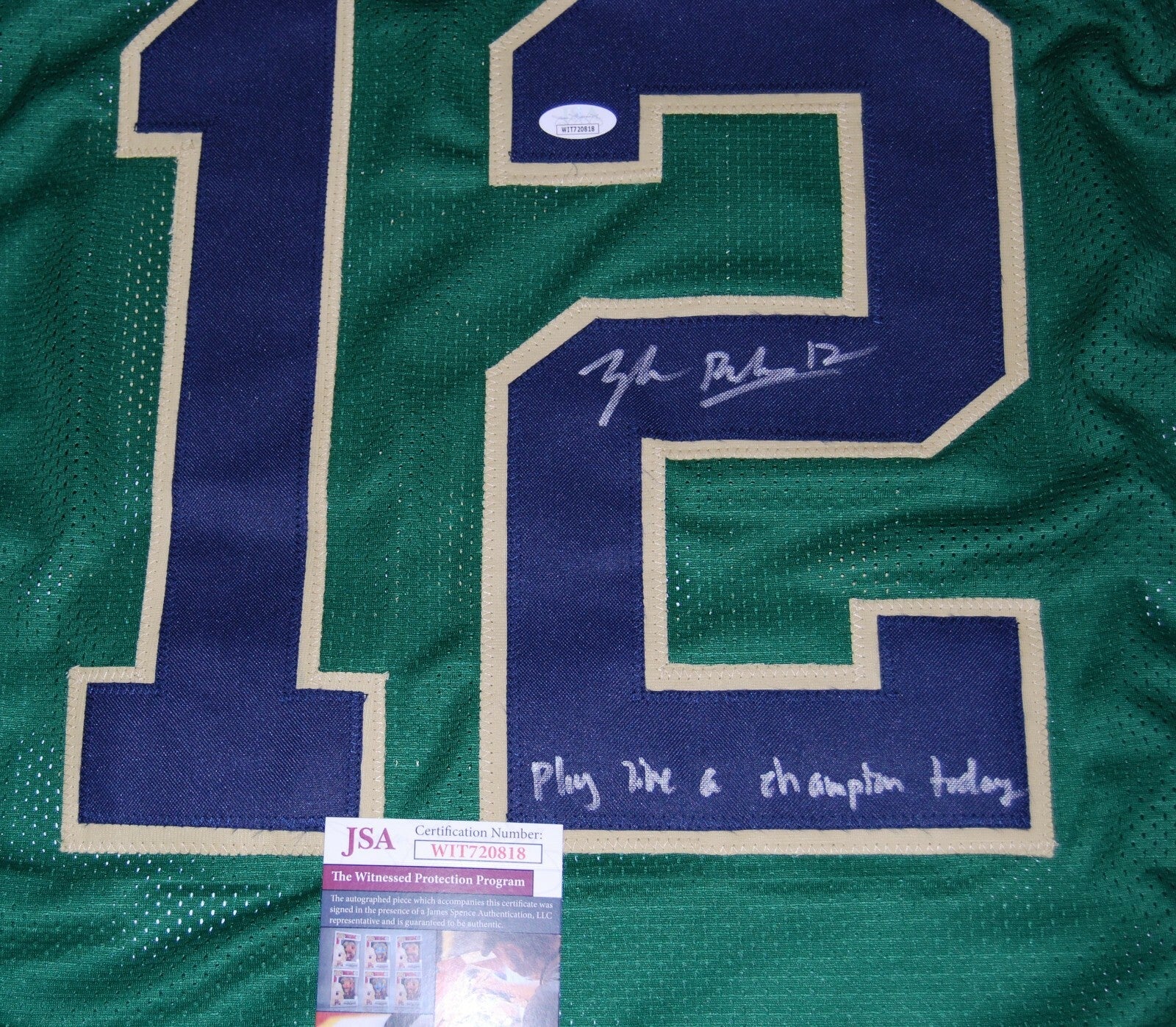 TYLER BUCHNER signed (NOTRE DAME FIGHTING IRISH) Iscrip GREEN jersey JSA Witness