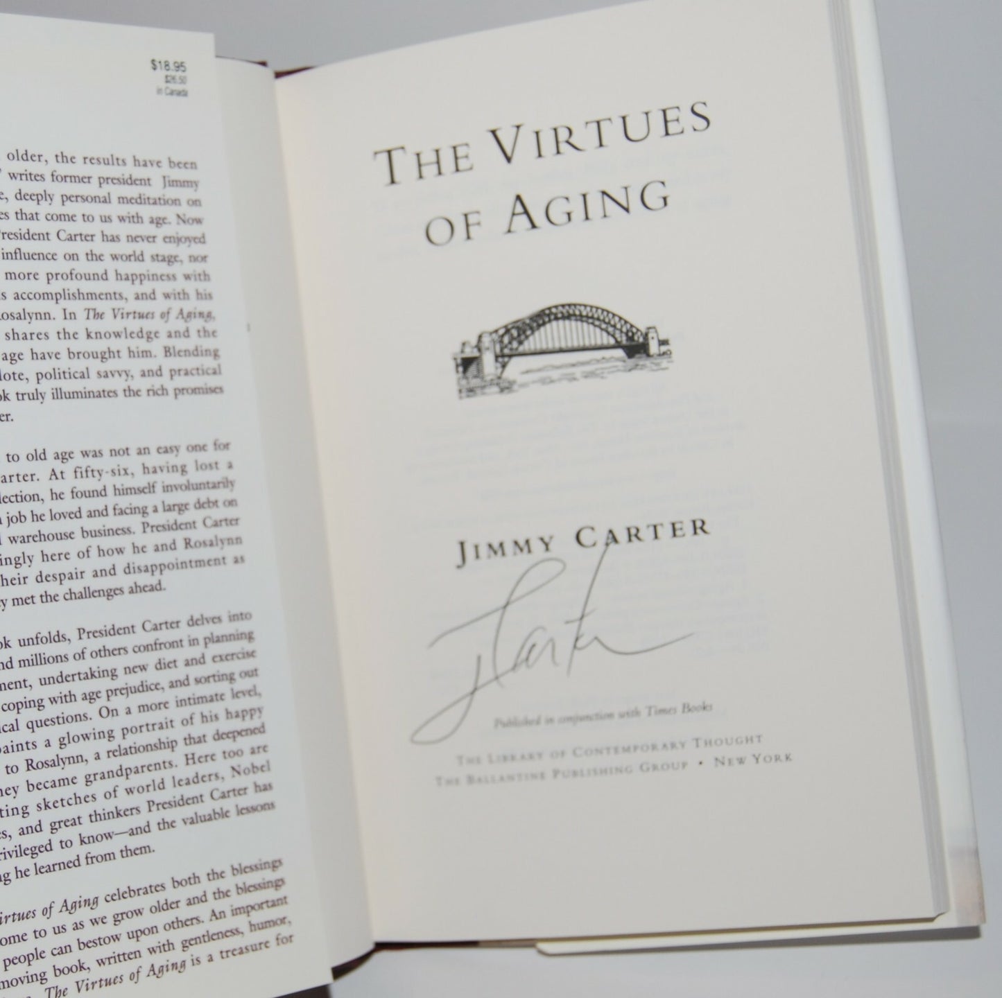 JIMMY CARTER signed (THE VIRTUES OF AGING) US President hardcover book W/COA #1