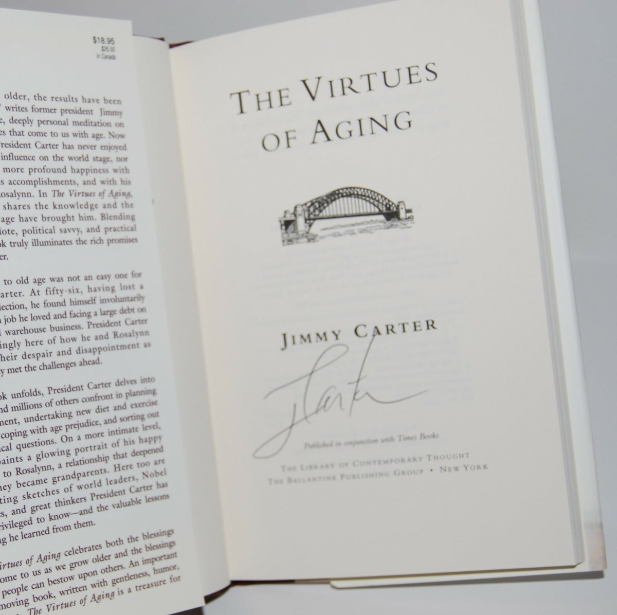 JIMMY CARTER signed (THE VIRTUES OF AGING) US President hardcover book W/COA #1