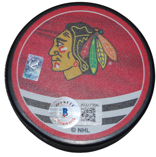 LUKAS REICHEL signed (CHICAGO BLACKHAWKS) Hockey logo puck BECKETT BAS AD27396