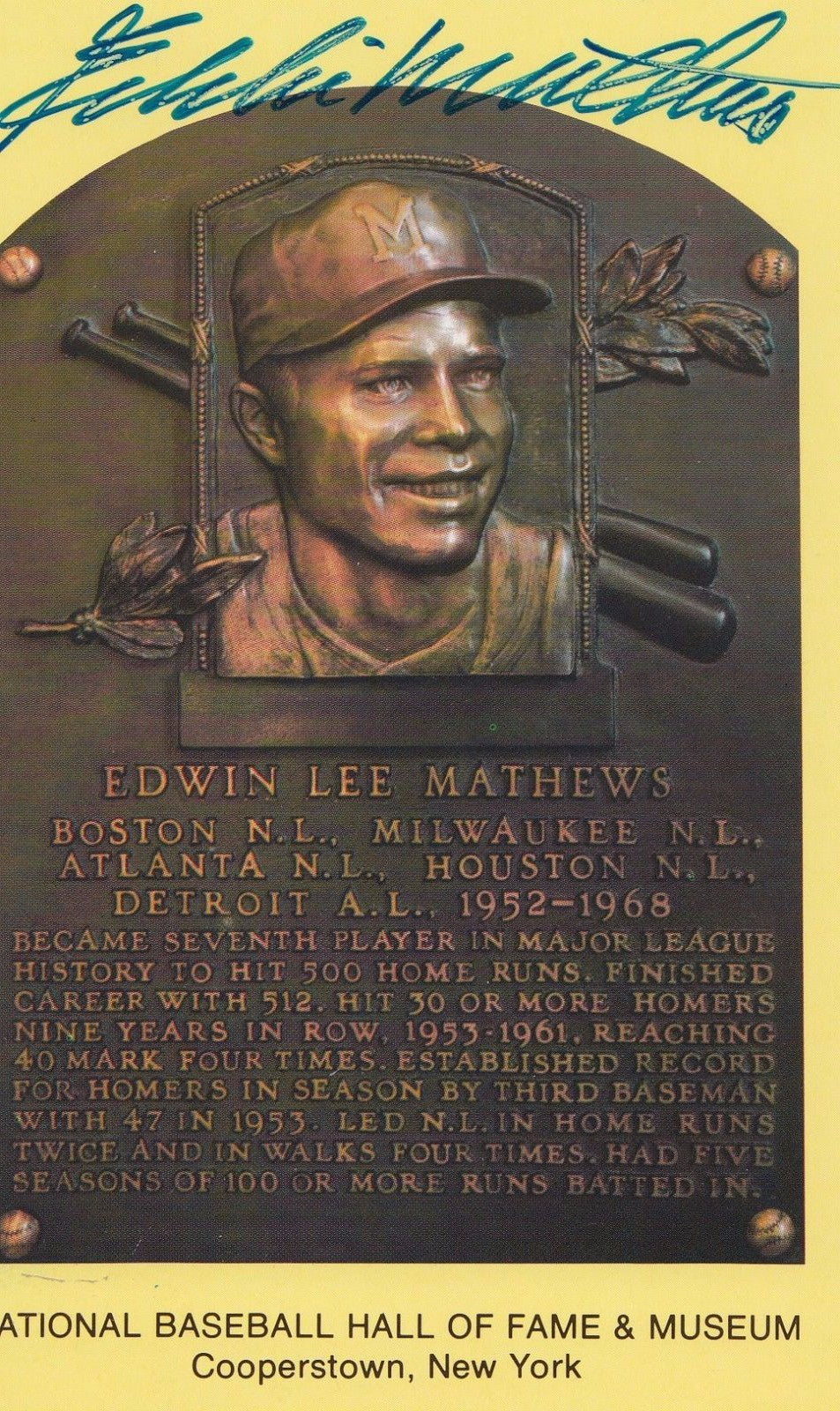 Eddie Mathews autgraphed Hall of Fame post card PSA/DNA Authenticated Y72762