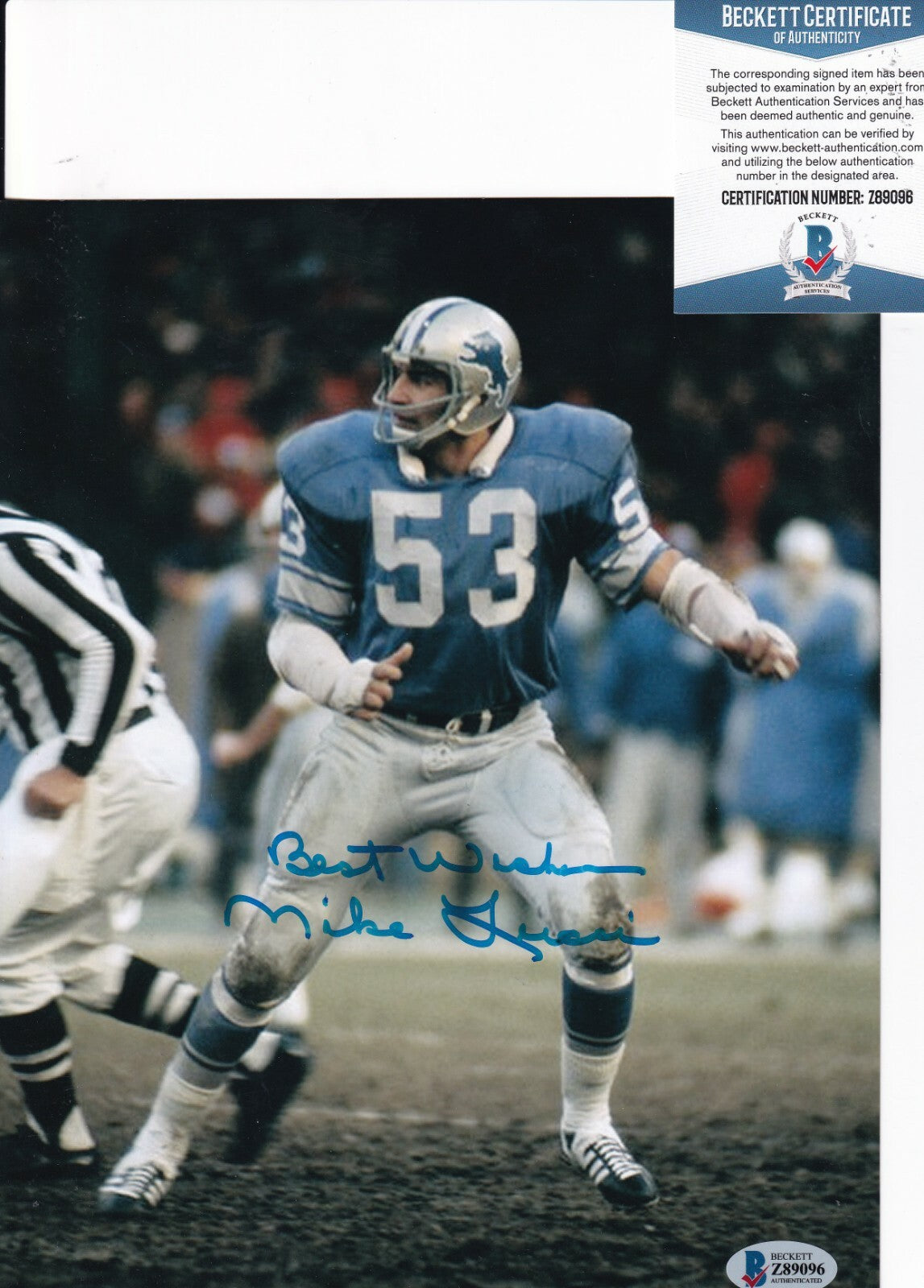 MIKE LUCCI signed (DETROIT LIONS) Football 8X10 photo BECKETT BAS Z89096